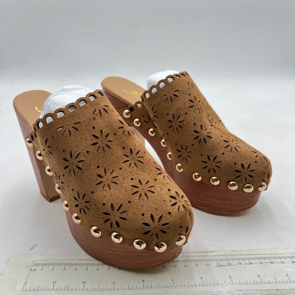 FOWT Tan Studded Round Toe Floral Cut Out Platform Mules Chunky Heel Sandals - Picture 4 of 8